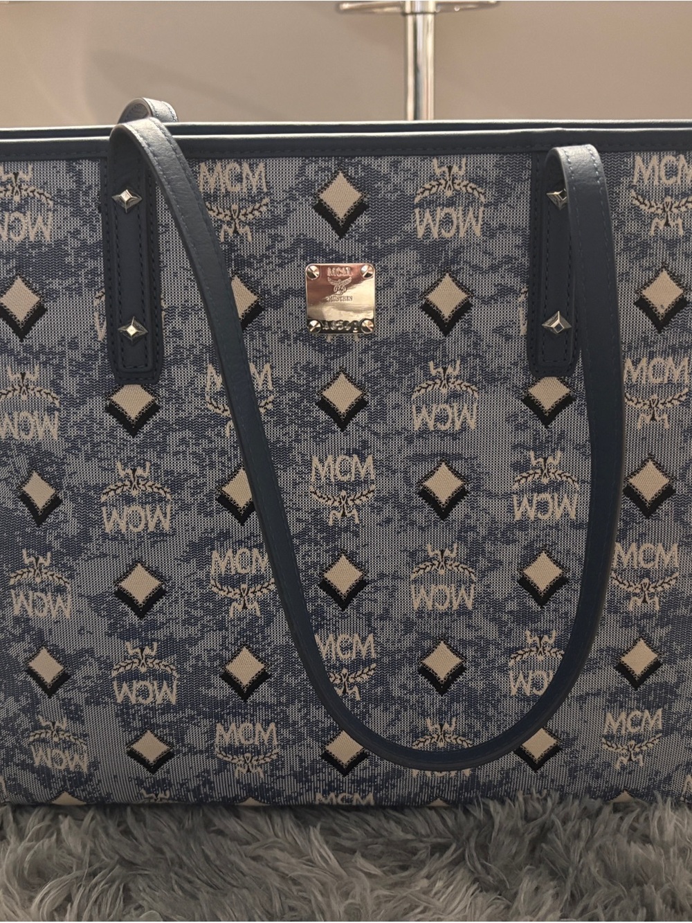 MCM Denim-Patterned Logo Canvas Tote with Navy Trim with matching coin purse